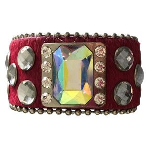 Guang Tong Bangle Bracelet Cuff Silver Tone Pink Leather Rhinestones Gromet